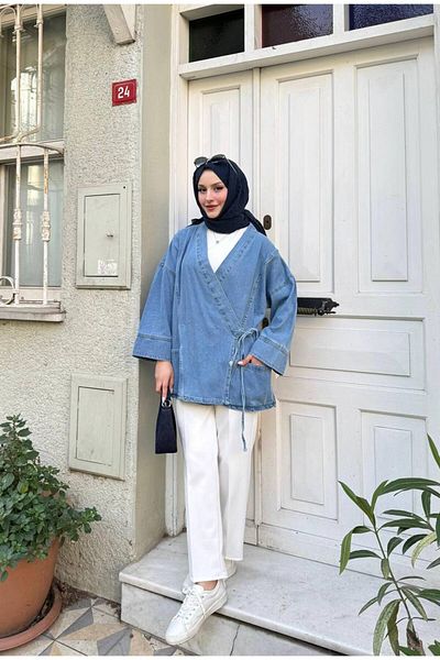 İLKCET MODA Jachetă de blugi oversize cu șireturi laterale pentru femei