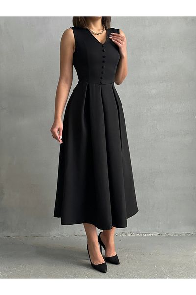 BEJNA Schwarzes, ärmelloses Damenkleid mit V-Ausschnitt und Knopfleiste