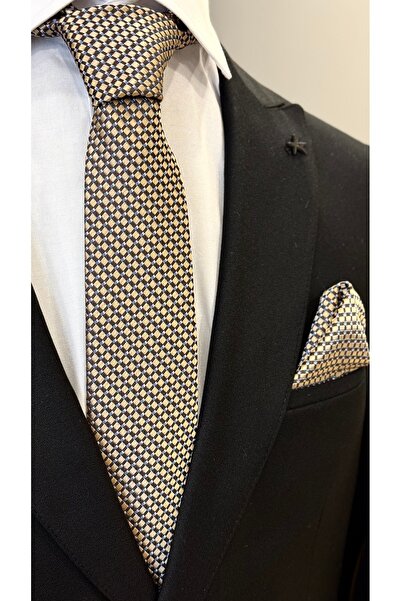 Dearmise Sarı & Mavi Puantiye Desenli Hediye Kutulu Premium Kravat & Mendil