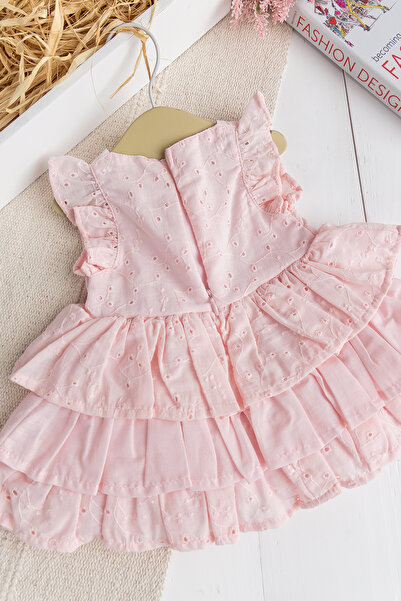 Babymod Üç Katlı %100 Pamuk Kız Bebek Elbise Şık Doğum Günü Özel Gün  Pembe