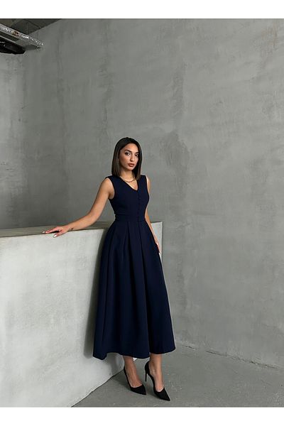BEJNA Marineblaues, ärmelloses Damenkleid mit V-Ausschnitt und Knopfleiste