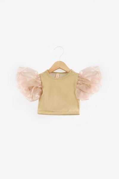 Le Mabelle Crop pentru fete - culoare aurie, mâneci din tul și detalii cu sclipici