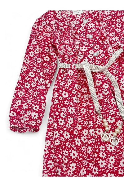 Ege Bebek Girl's Twisted Flower Printed 5-6-7-8-9-10-11-12 Years Old Long Sleeve Thin Seasonal Dress