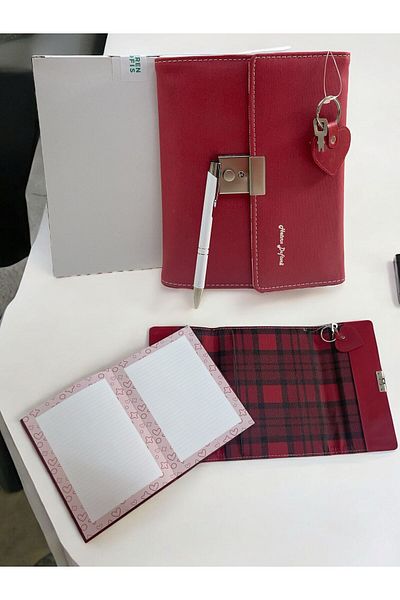 Eren Ofis Leather Daily Diary Notebook Keychain with Bag and Key Lock, Gift Set with Ballpoint Pen Box