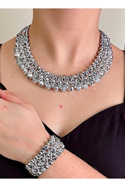 Bay hediye Kristal Taşlı Türk El Yapımı Gerdanlık Model Kolye ve Bilezik Set