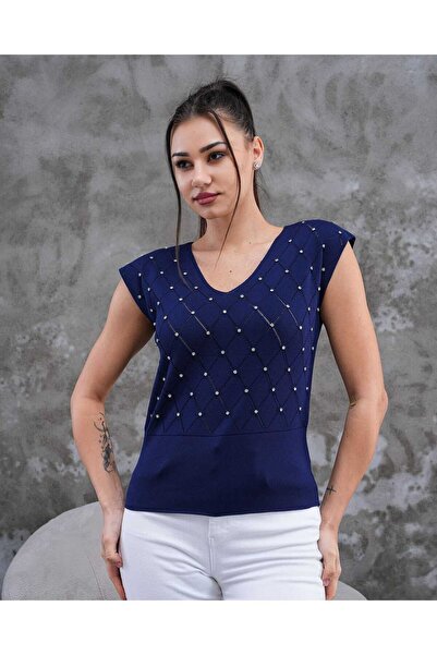 NUR TEKSTİL kadın lacivert merserize taşlı baklava desen v yakalı kolsuz bluz...