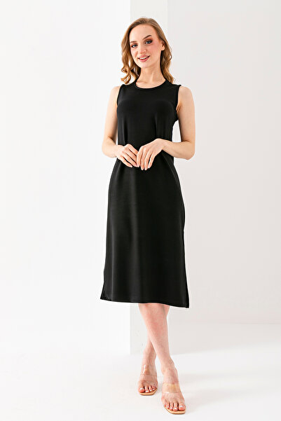 GİYSA Γυναικείο φόρεμα με λαιμόκοψη αμάνικο μαύρο - 25Y 6267