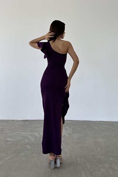 Mossta Purple One Shoulder Asymmetrical Cut Ruffle Dress