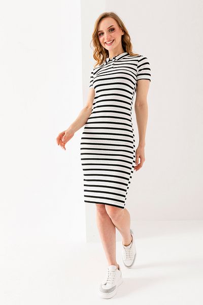 GİYSA Women's Polo Neck Button Detailed Striped Dress White Black - 6156