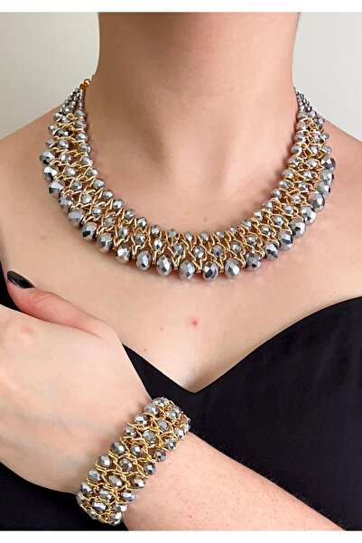 Bay hediye Kristal Taşlı Türk El Yapımı Gerdanlık Model Kolye ve Bilezik Set