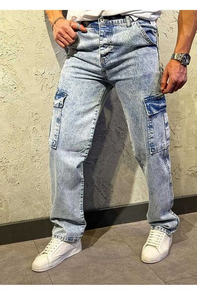 HAKİM BEY Men's Blue Cargo Pocket Baggy Jeans