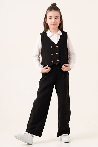 Cansın Mini Black Dobby Vest and Buttoned Shirt Girl's 3 Piece Suit 20530