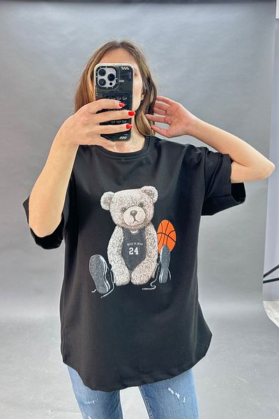CİDDE Women's Oversize Cotton Basket Teddy Bear Patterned Black T-Shirt