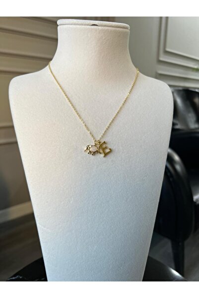 Store E Harf Kolye Sevimli Fil Charmlı Çelik Zincirli Şans Kolye