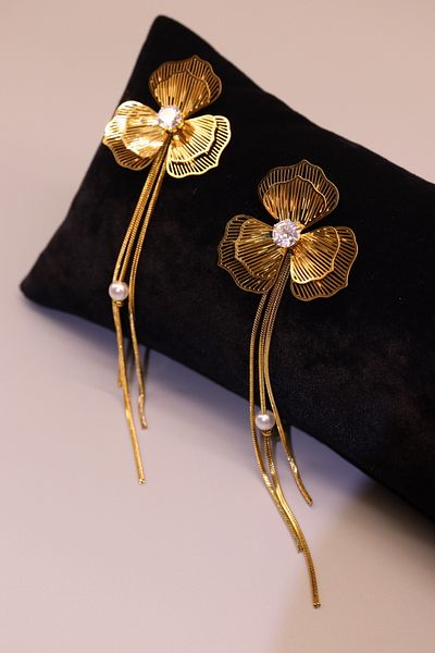 HFKY Flower Earrings with Pearls. Flower Earrings with Stone. Dangle Flower Earrings. Steel Earrings