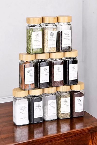 Berdina Home Set of 12 Bamboo Lids and Labeled Glass Square Form Spice Jars S...