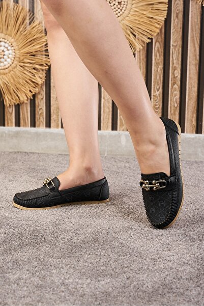 İmerShoes Günlük Kadın Siyah Babet Püskül Ve Dikiş Detaylı Tokalı Suni Deri Rahat Alçak Topuklu Ayakkabı 03