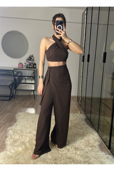 NET OF NOT Lacquered Bitter Brown Bamboo Linen Pants Blouse Set with Binding ...