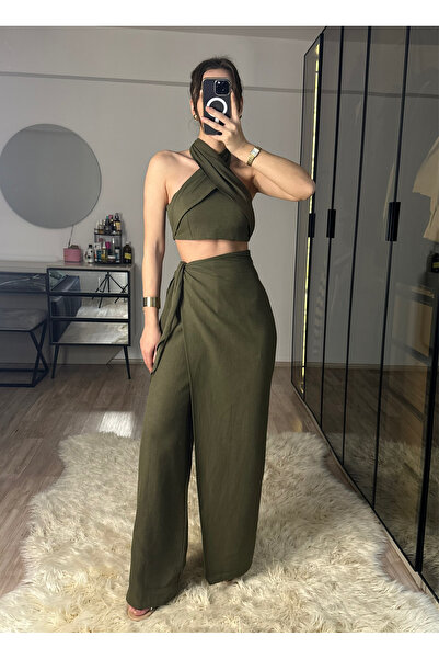 NET OF NOT Lake Khaki Bamboo Linen Trousers Blouse Set with Lacing Detail