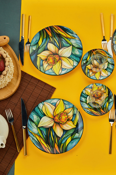 EMBazaar 12 Parça 6 Kişilik Nergis Serisi Yemek Pasta Takımı Seti Sunum Tabakları Ve Çay Tabakları