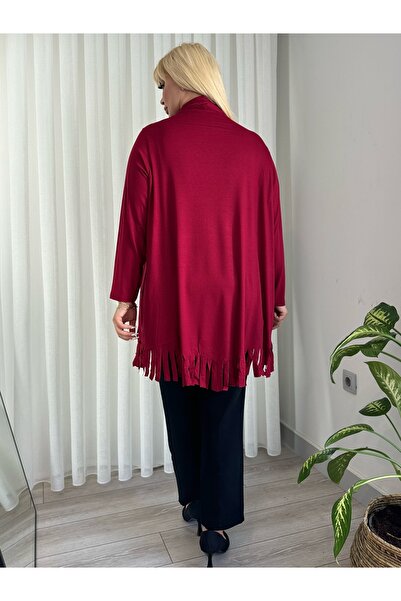 MODA Women's Plus Size Asymmetric Cut Tasseled Flexible Loose Cardigan