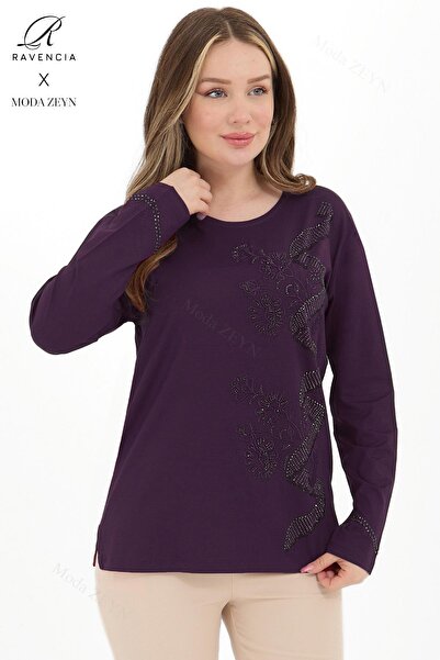 Ravencia بلوزة نسائية من القطن الممشط بنمط ملفوف من الفسكوز ومطرزة بالأحجار من الليكرا والبرقوق للأم في منتصف العمر وما فوق