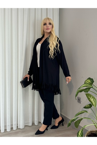 MODA Women's Plus Size Asymmetric Cut Tasseled Flexible Loose Cardigan