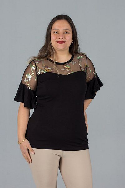 Truva XXL Large Size Shoulder and Sleeve Tulle Detailed Blouse Black