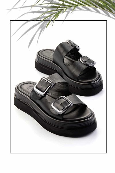 Bambi Black Leather Women's Slippers K04359022103
