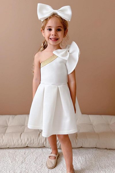 Le Mabelle Ecru Ruffled One-Shoulder Bow Detailed Girl's Dress - Mildred