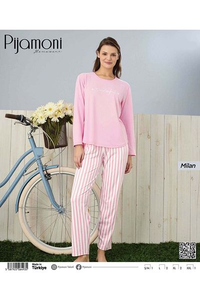Pijamoni Pink Colored Milan Fabric Long Sleeve Women's Pajamas Set
