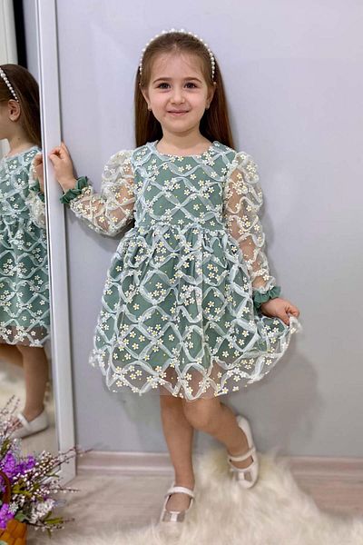 Le Mabelle Hera Green Long Sleeve Daisy Tulle Detailed Girl's Dress