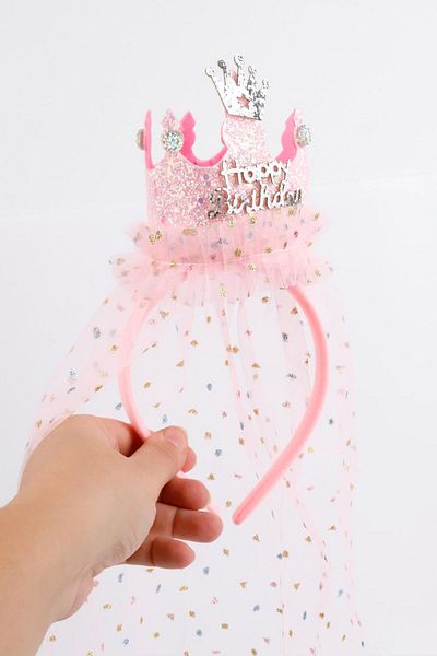 Le Mabelle Pink Glitter Queen Crown Figured Happy Birthday Girl's Crown