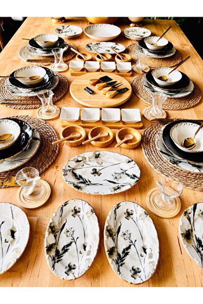 CASA DE BELLA Black Modern 121 Parça Porselen 12 Kişilik Yemek ve Kahvaltı Ta...