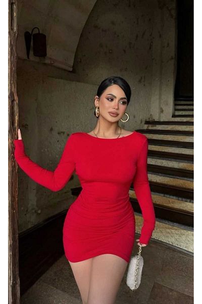aytenli Crew Neck Backless Mini Length Sandy Dress with Chain Accessories