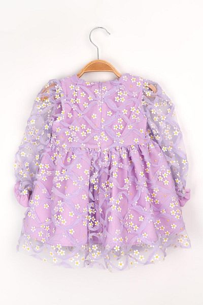 Le Mabelle Hera - Lilac Long Sleeve, Daisy and Tulle Detailed Girl's Dress