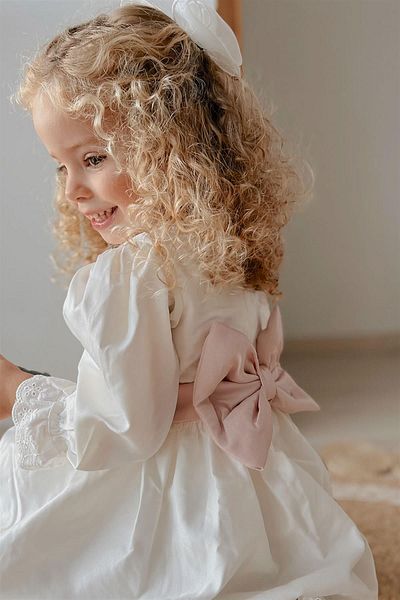 Le Mabelle Ecru Vintage Girls' Dress with Pearls on the Front - Joana
