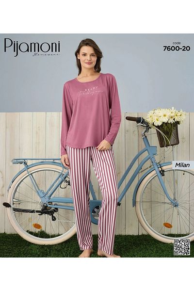 Pijamoni Σετ γυναικείες πιτζάμες Dusty Rose Color Milan υφασμάτινο μακρυμάνικο