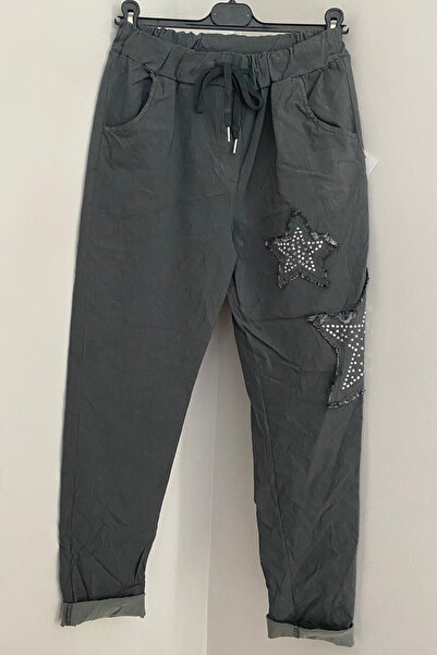 AYASOFYA OTANTIK Women's Italian Dark Gray Elastic Waist Stone Embroidery Detailed Star Patched Trousers