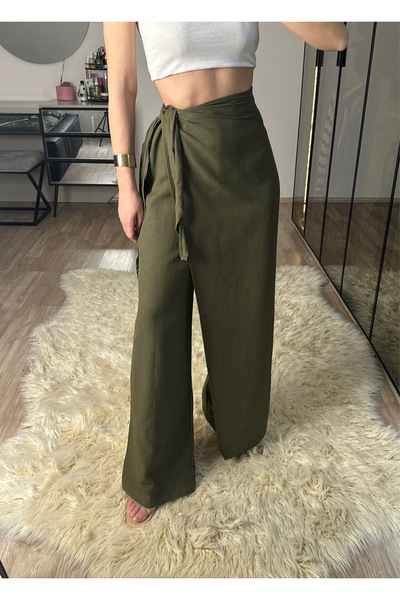 NET OF NOT Keira Önü Kapaklı Haki Bambu Keten Ayarlanabilir Kuşaklı Yüksek Bel Pantolon