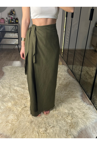 NET OF NOT Keira Önü Kapaklı Haki Bambu Keten Ayarlanabilir Kuşaklı Yüksek Bel Pantolon