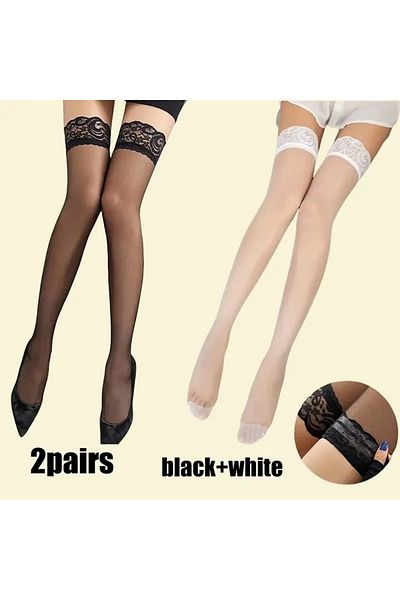 NiLi 2 Pairs Thin Transparent Top Lace Embroidered Women's Garter Stockings