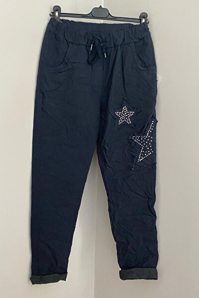 AYASOFYA OTANTIK Kadın Italyan Lacivert Beli lastikli Taş İşleme Detaylı Yıldız Yamalı Pantolon