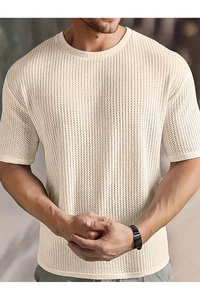 caddekombin Ανδρικό μπλουζάκι Robert Waffle Fabric Crew με κοντό μανίκι μπεζ