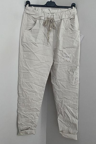 AYASOFYA OTANTIK Women's Italian Beige Elastic Waist Stone Embroidery Detailed Star Patched Trousers