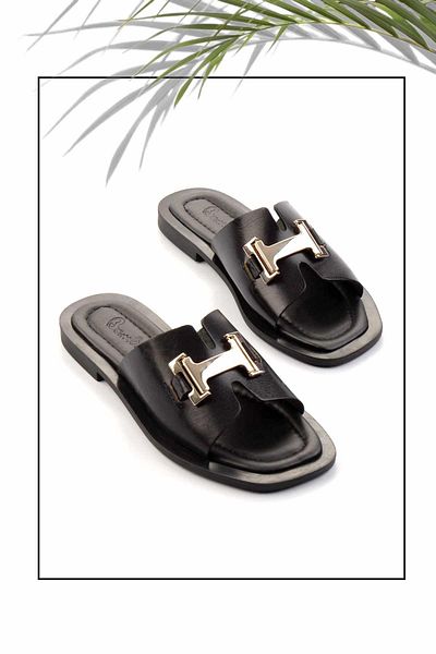 Bambi Black Leather Women's Slippers K04826018403