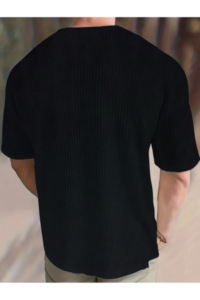 caddekombin Erkek Robert Waffle Kumaş Bisiklet Yaka Kısa Kol Siyah Thsirt