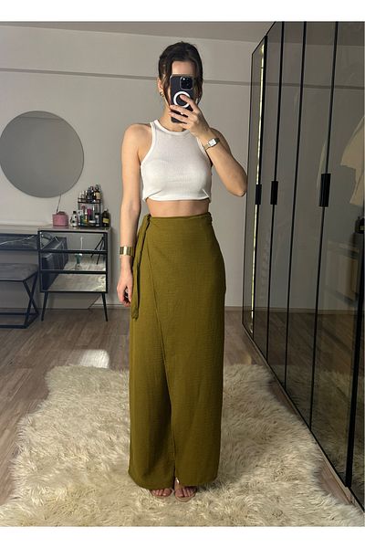 NET OF NOT Keira Front Covered Oil Green Bamboo Linen Adjustable Belted High Waist Trousers