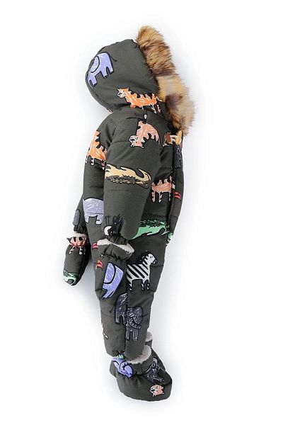 DeKuBaby Winter Astronaut Jumpsuit for Baby Boy - Cute Animals Patterned, Furry Hood and Gilded