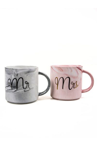 MUKKO HOME Luxury Marble Patterned Mr & Mrs Set of 2 Porcelain Mugs, 400 ml and Gift Box.
